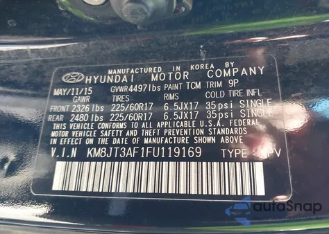 2015 Hyundai Tucson Gls from USA, damaged, VIN KM8JT3AF1FU119169
